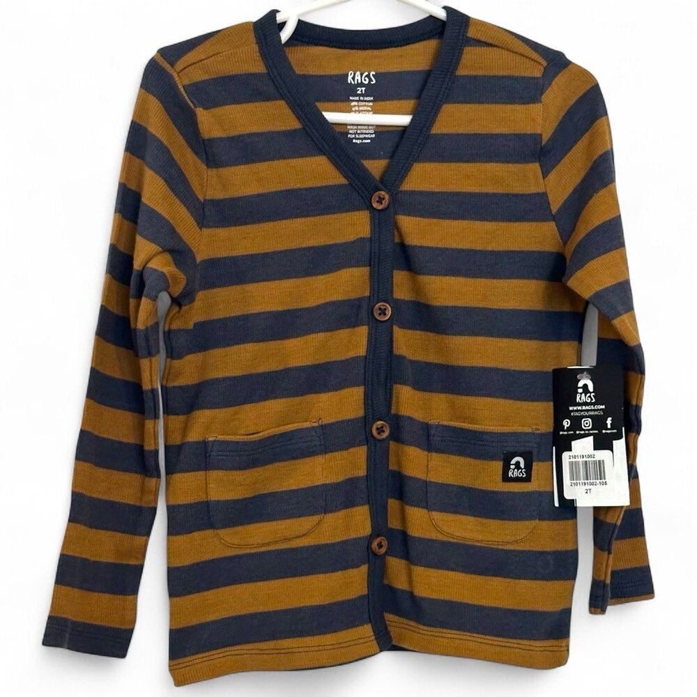 NWT RAGS Modal Cardigan Sweater Brown Grey Stripes Fall Nutmeg Cinnamon 2T New